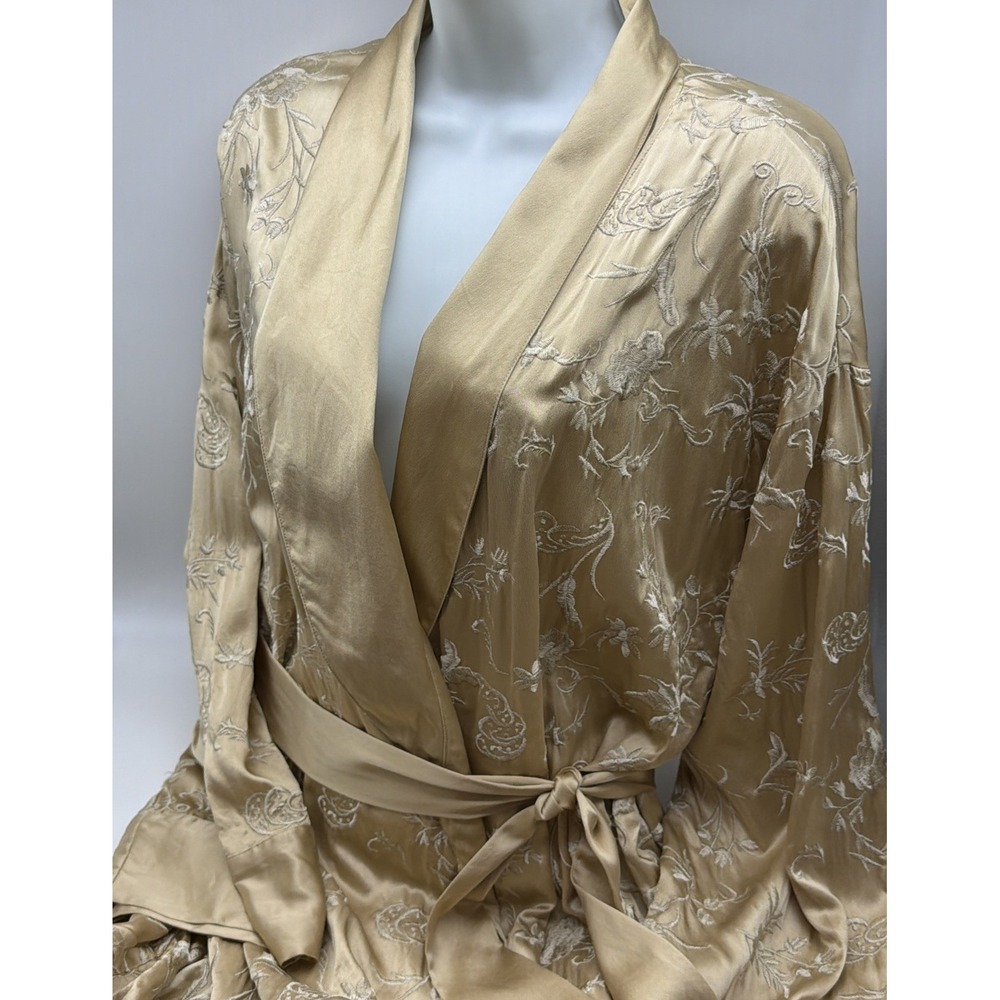 Rare VTG  Victoria's Secret Gold Textured Silk Satin Trim Floral  Robe L Pockets